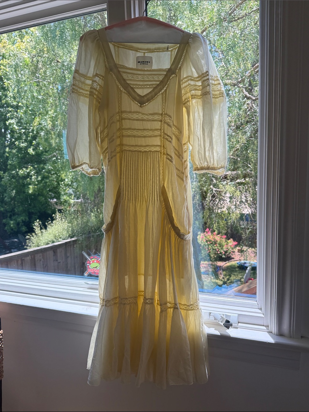 Isabel Marant Light Yellow Cotton Midi Dress with Pintuck & Lace Trim
